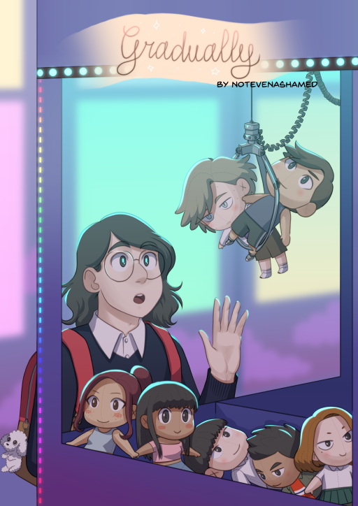 an illustration of Benjamin from my webcomic Gradually standing in front of a claw machine, looking expectant, the claw machine is filled with plushie versions of the secondary characters, Matias and Diego's plushies are both being held higher by the claw, Pia and Belen plushies are touching hands while Tsun Han, Emilio and Coty are placed haphazardly in the bottom